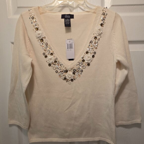 HENRY NEW YORK Women's 100% Cotton V-Neckline Beaded L/Sleeves Sweater - SML - Picture 4 of 13